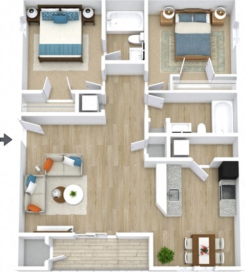 Floor plan for 2 beds, 2 baths, 980 sqft